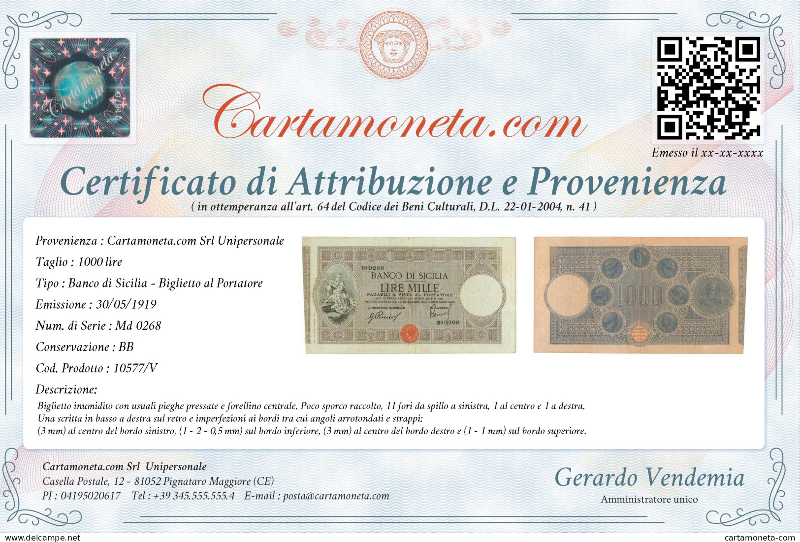 1000 LIRE BANCO DI SICILIA BIGLIETTO AL PORTATORE 30/05/1919 BB - Other & Unclassified