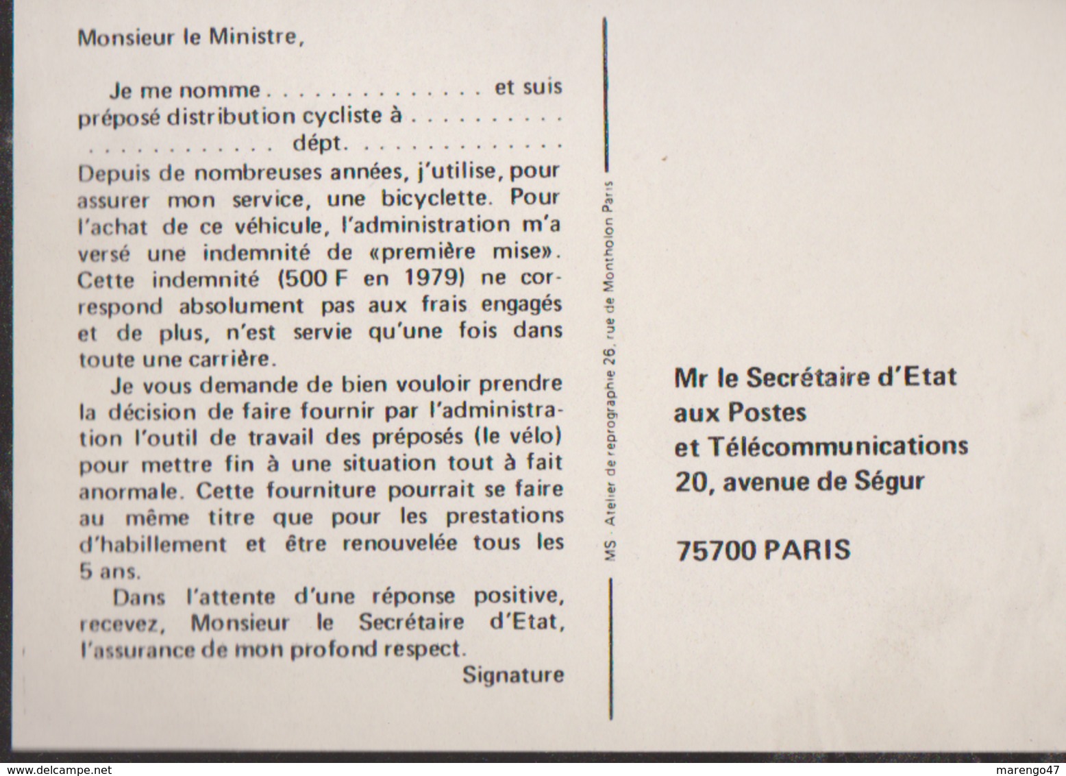 CPSM:CFDT/PTT:Carte Pour Ministre:Je Roule Pour Vous Sur Mon Vélo:1979 - Labor Unions