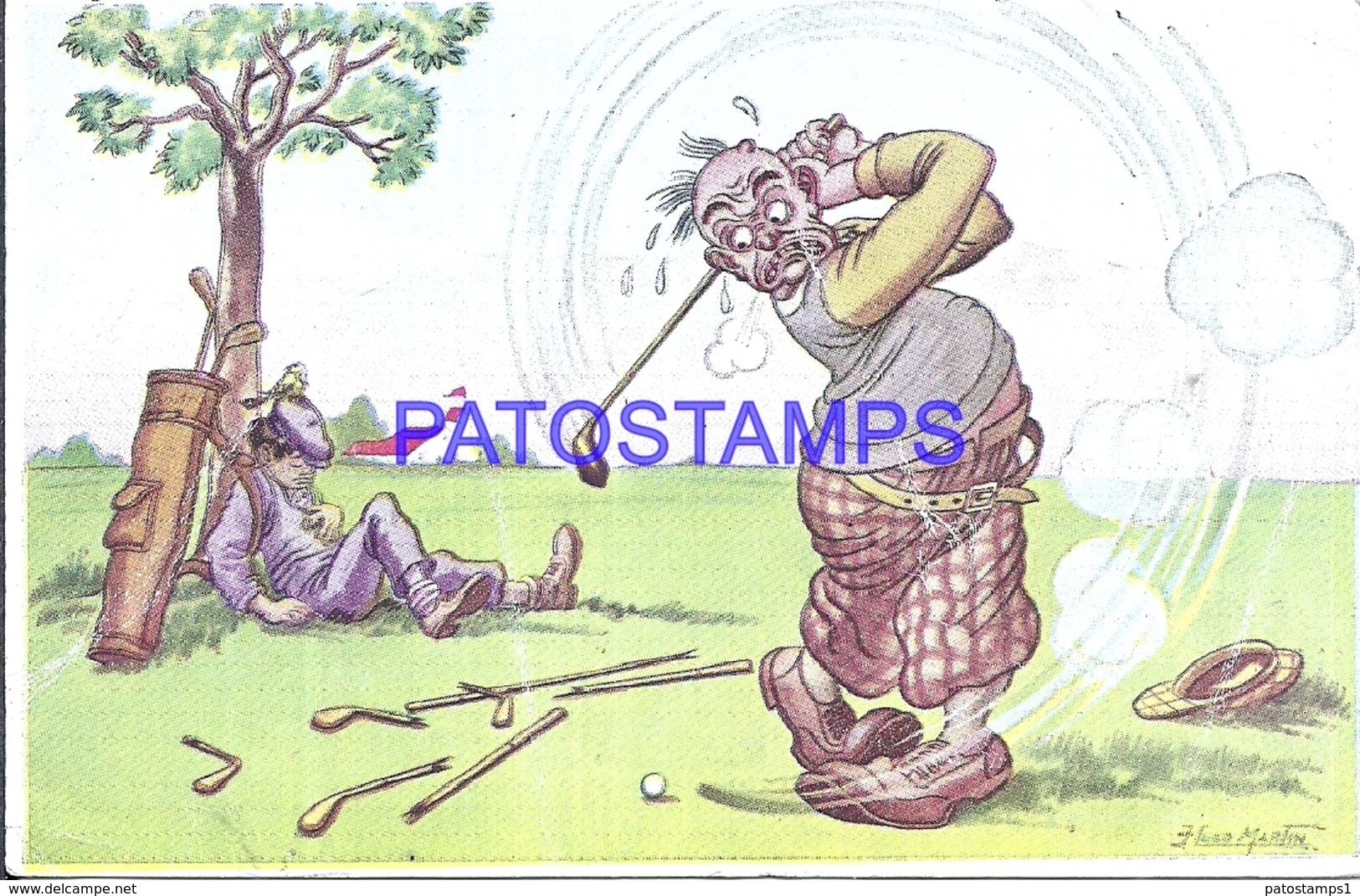 115586 ARGENTINA ART ARTE SIGNED HUGO MARTIN HUMOR TRYING TO PLAY GOLF BREAK POSTAL POSTCARD - Argentine