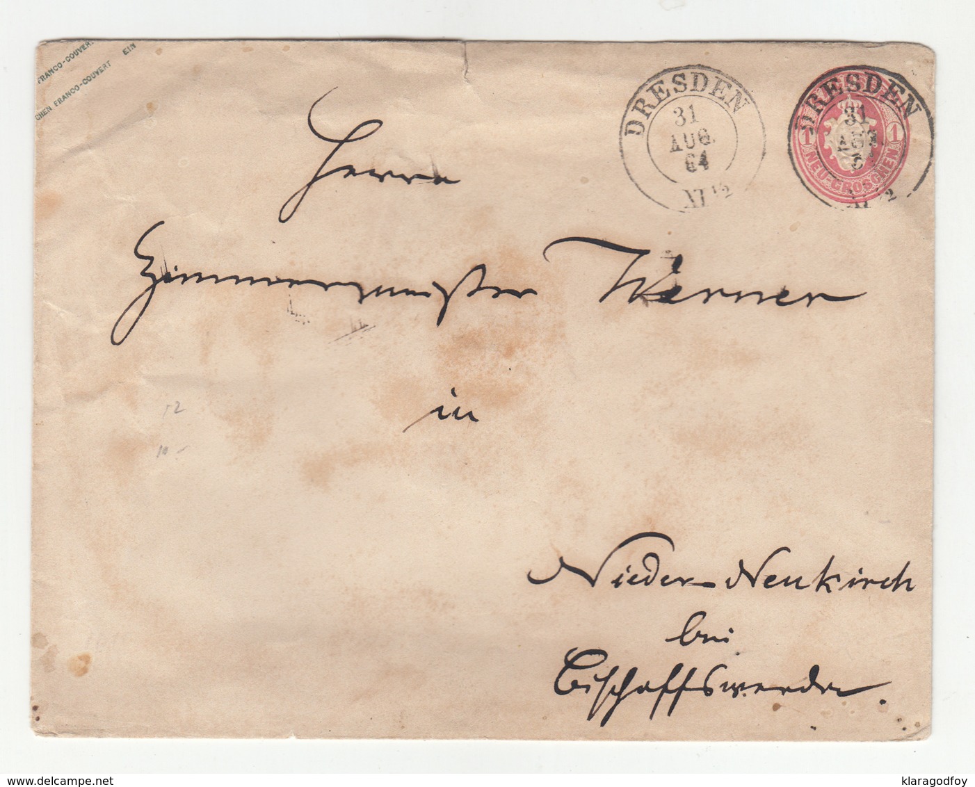 Sachsen Postal Stationery Letter Cover Travelled 1864 Dresden To Neukirch B190715 - Sachsen