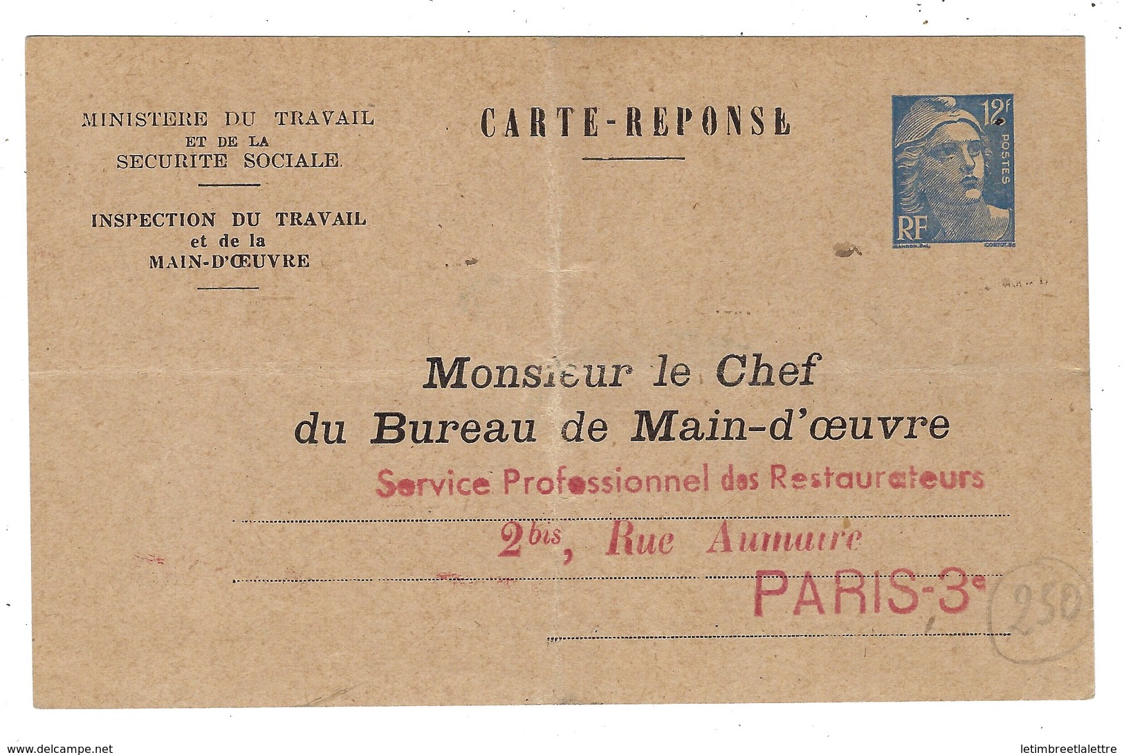 France, Entier Postal, Carte Postale De Service, Carte De Bureau De La Main D'oeuvre, Embauchage Masculin - K3 A, 1950 - - Autres & Non Classés