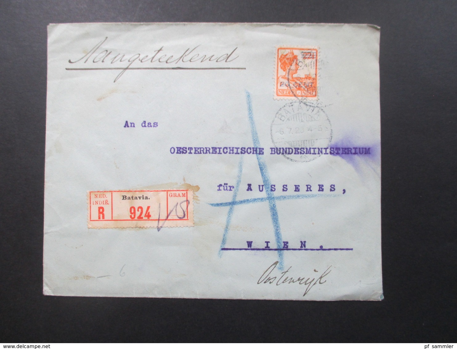 Niederländisch Indien 1923 Registered Letter Ned Indie Batavia 924 Beleg Oesterreichisches Konsulat Für Nied. Ost Indien - Indes Néerlandaises