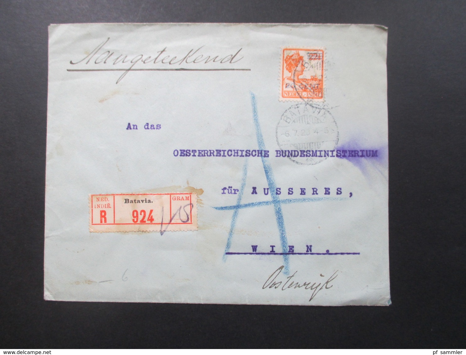 Niederländisch Indien 1923 Registered Letter Ned Indie Batavia 924 Beleg Oesterreichisches Konsulat Für Nied. Ost Indien - Niederländisch-Indien