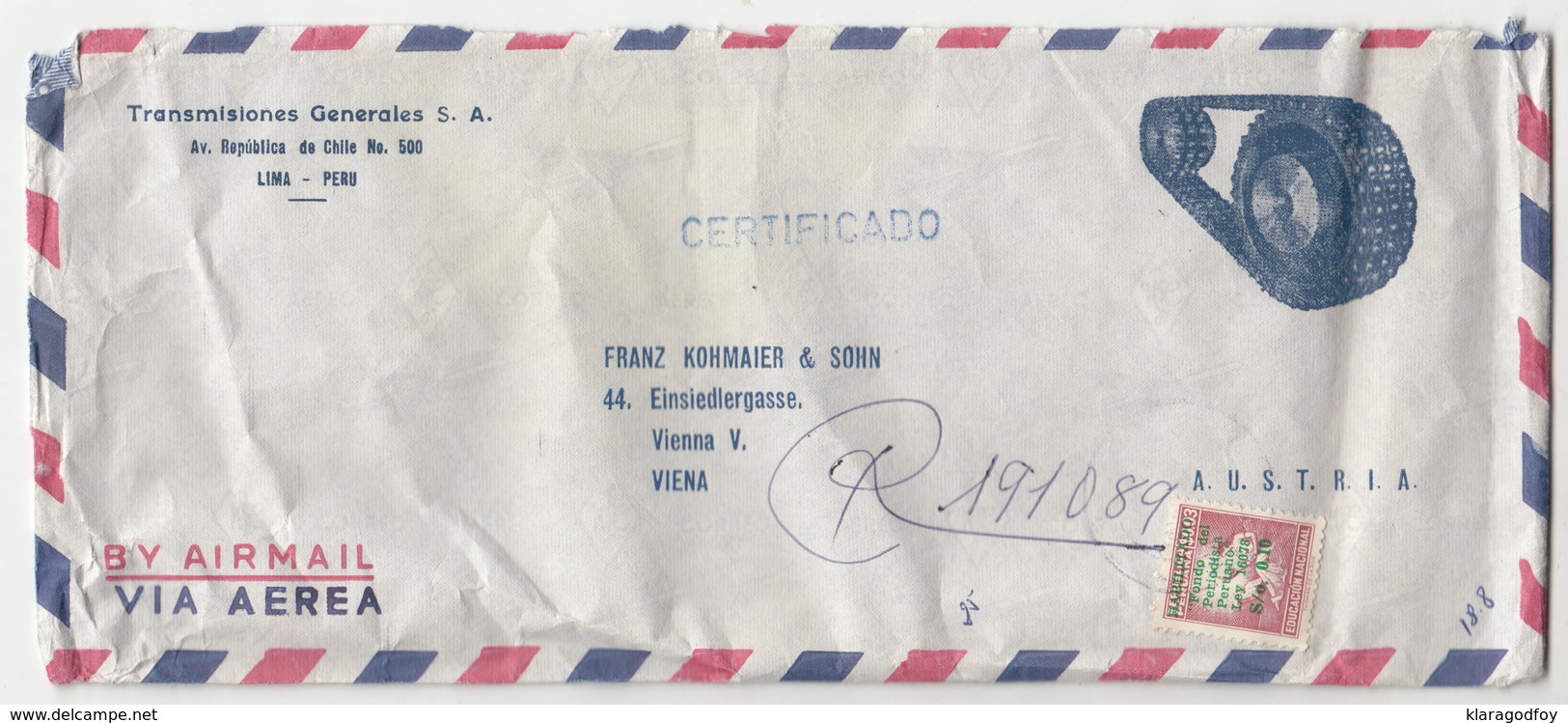 Transmisiones Generales S.A., Lima Company Air Mail Letter Cover Travelled Registered To Wien B190715 - Pérou