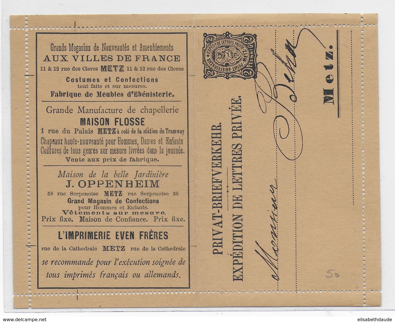 AVANT 1900 - CARTE-LETTRE De La POSTE PRIVEE De METZ (MOSELLE) Avec REPIQUAGES PUBLICITES - Cartes-lettres