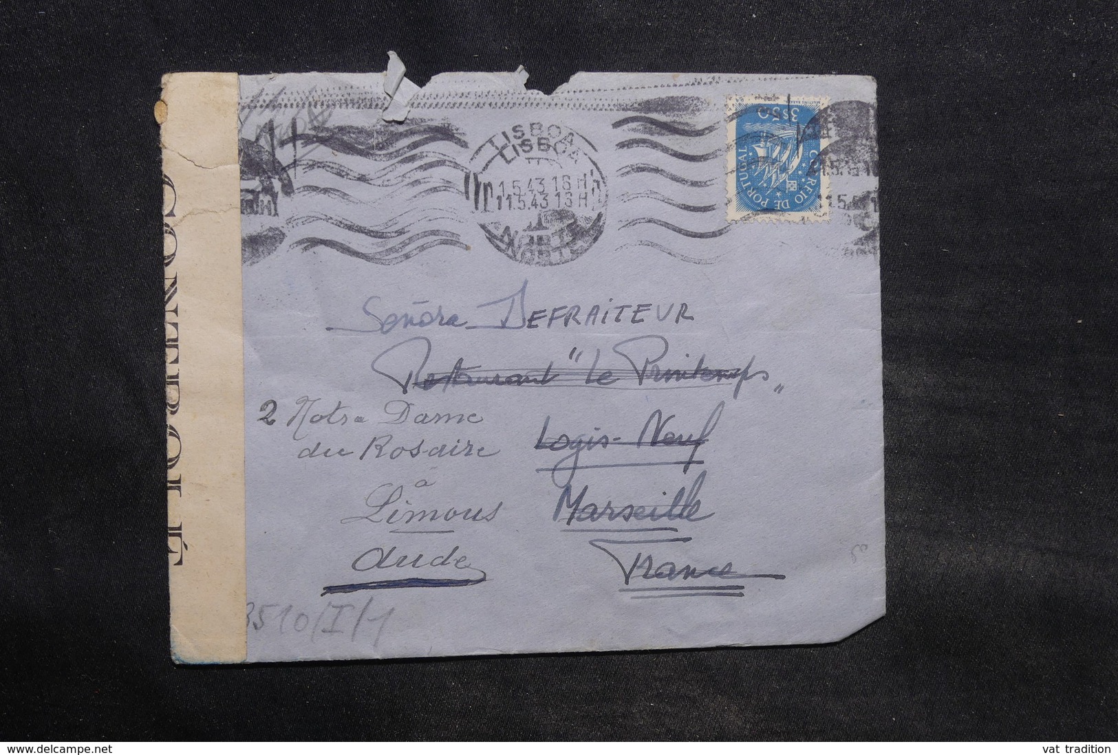 PORTUGAL - Enveloppe De Lisbonne Pour La France En 1943 Avec Contrôles Postaux - L 34534 - Lettres & Documents