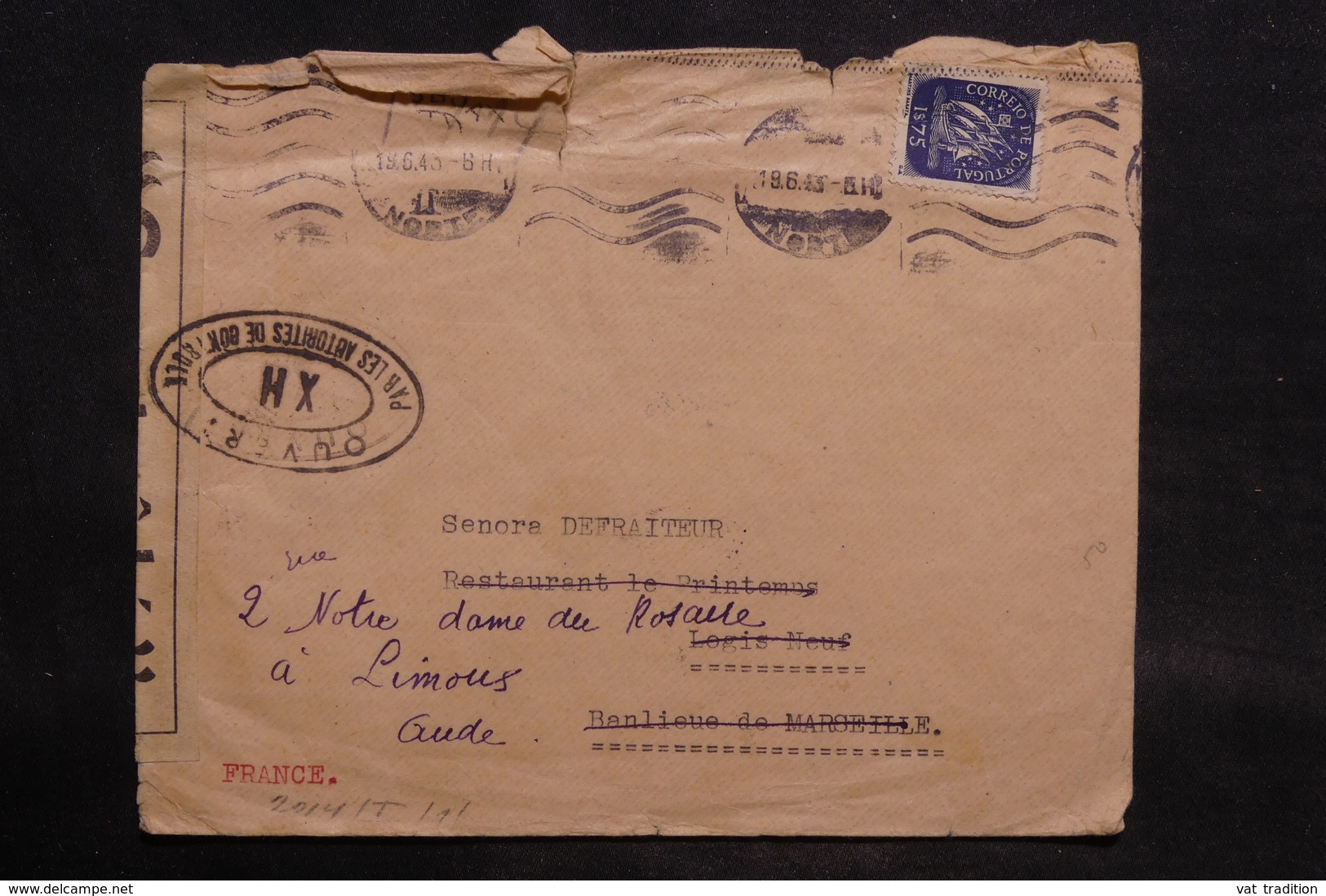 PORTUGAL - Enveloppe De Lisbonne Pour La France En 1943 Avec Contrôles Postaux - L 34535 - Lettres & Documents