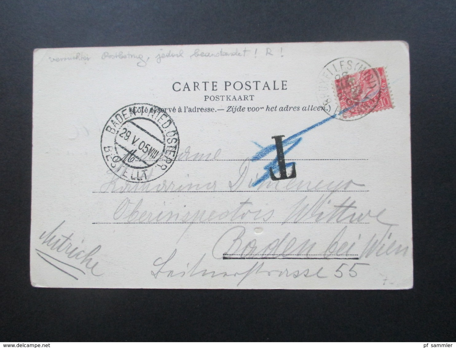 Belgien 1905 PK Mit Versuchtem Postbetrug / Halbierung! Nachporto T Stempel Ak Stempel Baden Nieder Österr. Bestellt - 1893-1900 Barbas Cortas