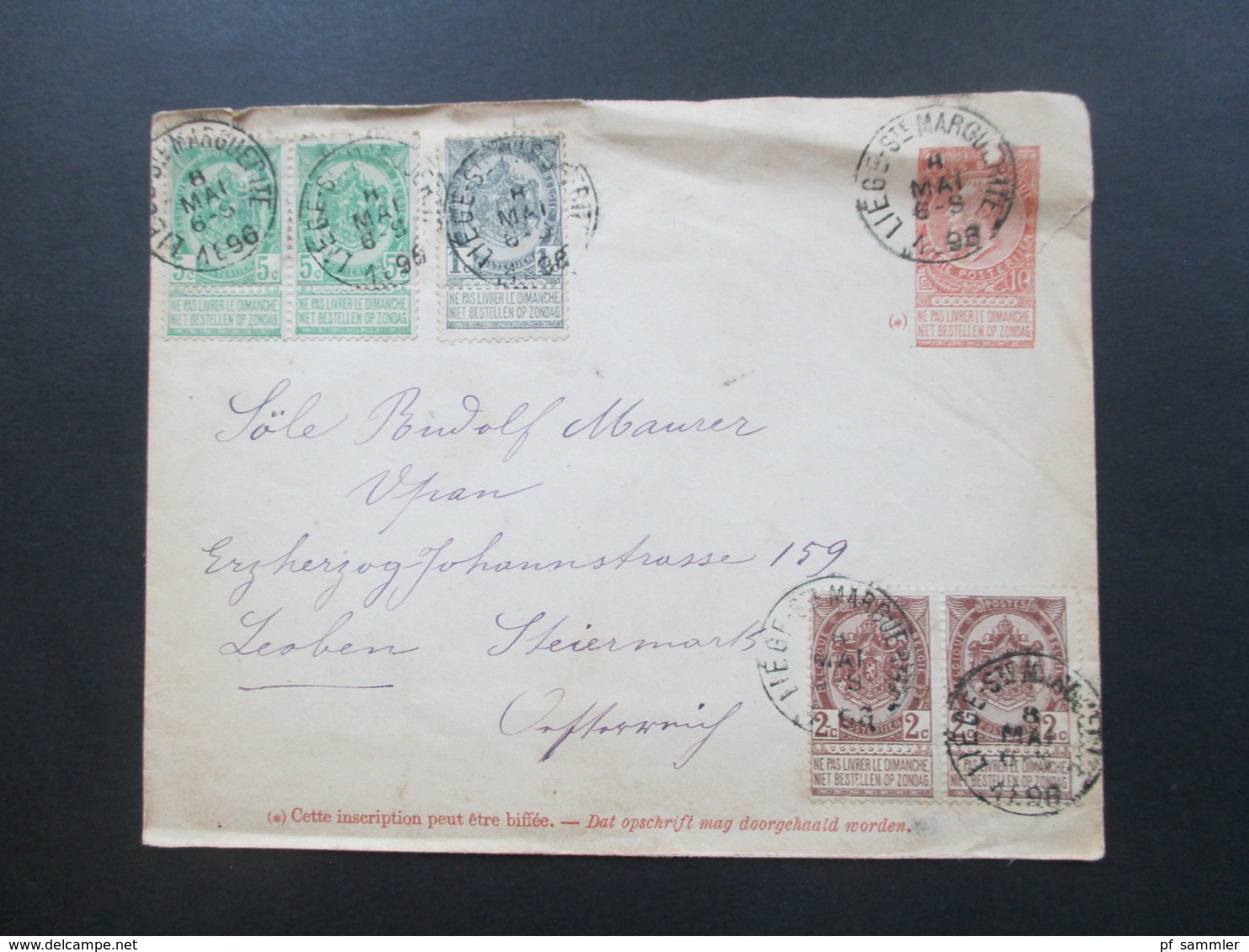 Belgien 1896 GA Umschlag Mit 5 Zusatzfrankaturen Staatswappen Mit Verbindungsleiste Nach Leoben Steiermark - Letter Covers