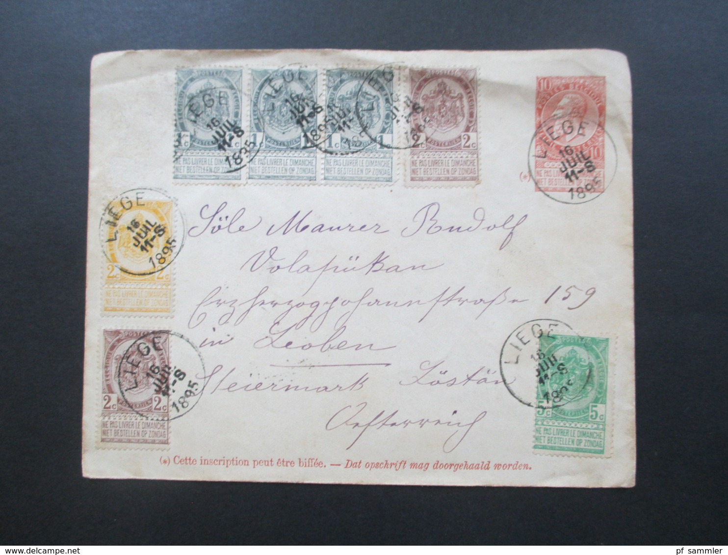 Belgien 1895 GA Umschlag Mit 7 Zusatzfrankaturen Staatswappen Mit Verbindungsleiste Nach Leoben Steiermark - Enveloppes-lettres