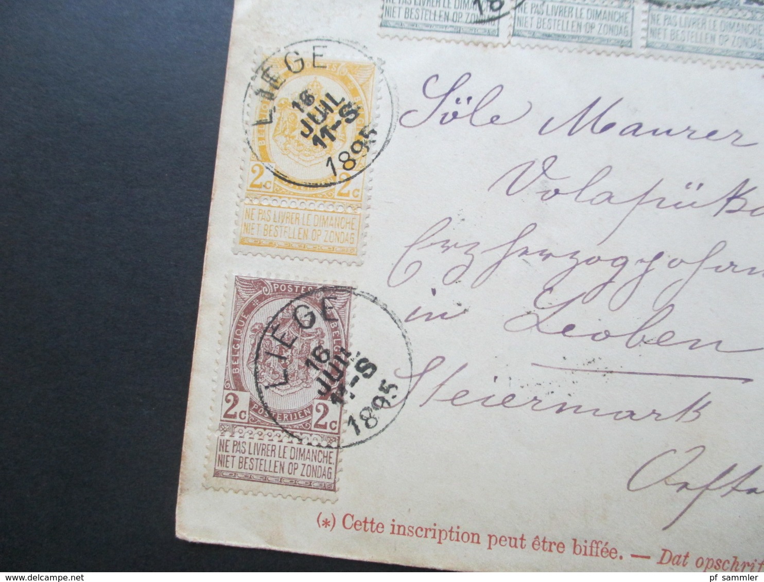 Belgien 1895 GA Umschlag Mit 7 Zusatzfrankaturen Staatswappen Mit Verbindungsleiste Nach Leoben Steiermark - Letter Covers