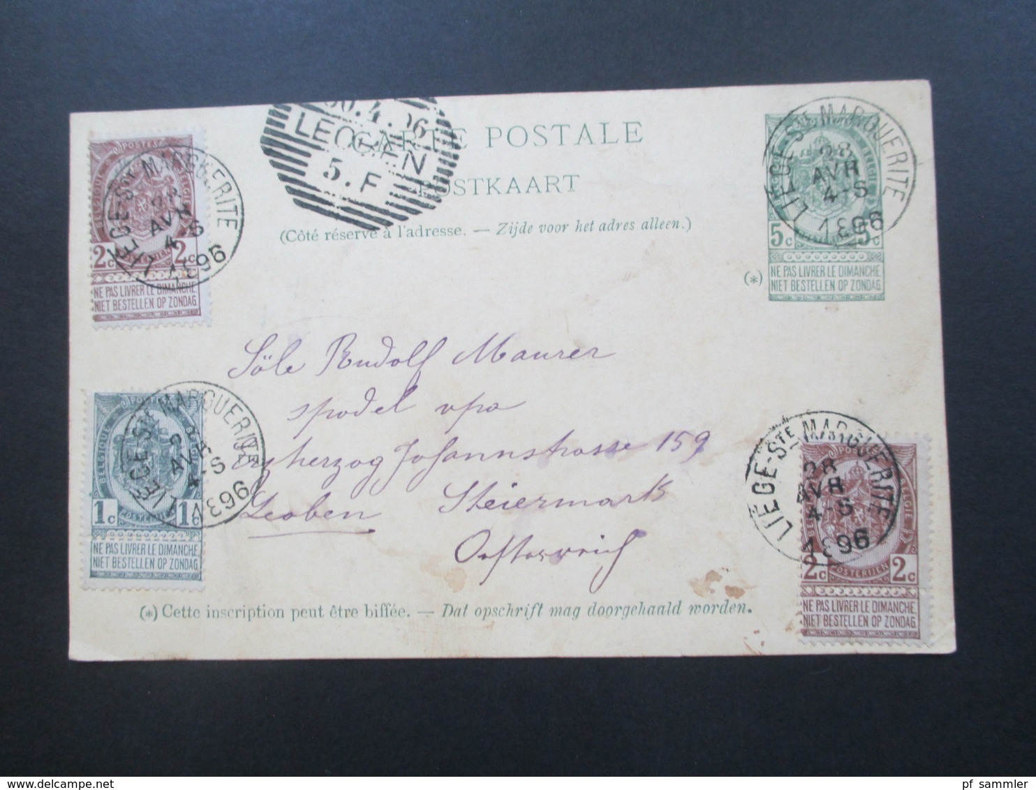 Belgien 1896 GA Mit 3 Zusatzfrankaturen Staatswappen Mit Verbindungsleiste Nach Leoben Steiermark Strichstempel - Briefkaarten 1871-1909