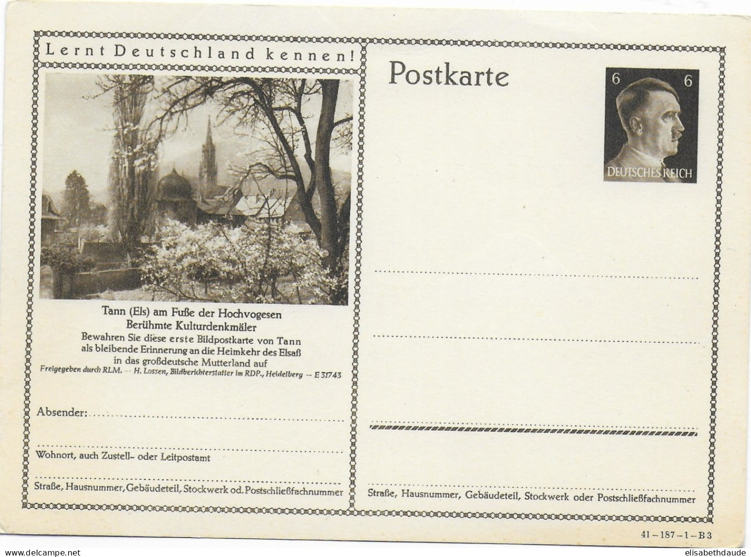 1941 - ALSACE ANNEXEE - CARTE ENTIER ILLUSTREE De THANN "DECOUVREZ L'ALLEMAGNE" - STORCH I5 COTE = 30 EUR. - Unused Stamps