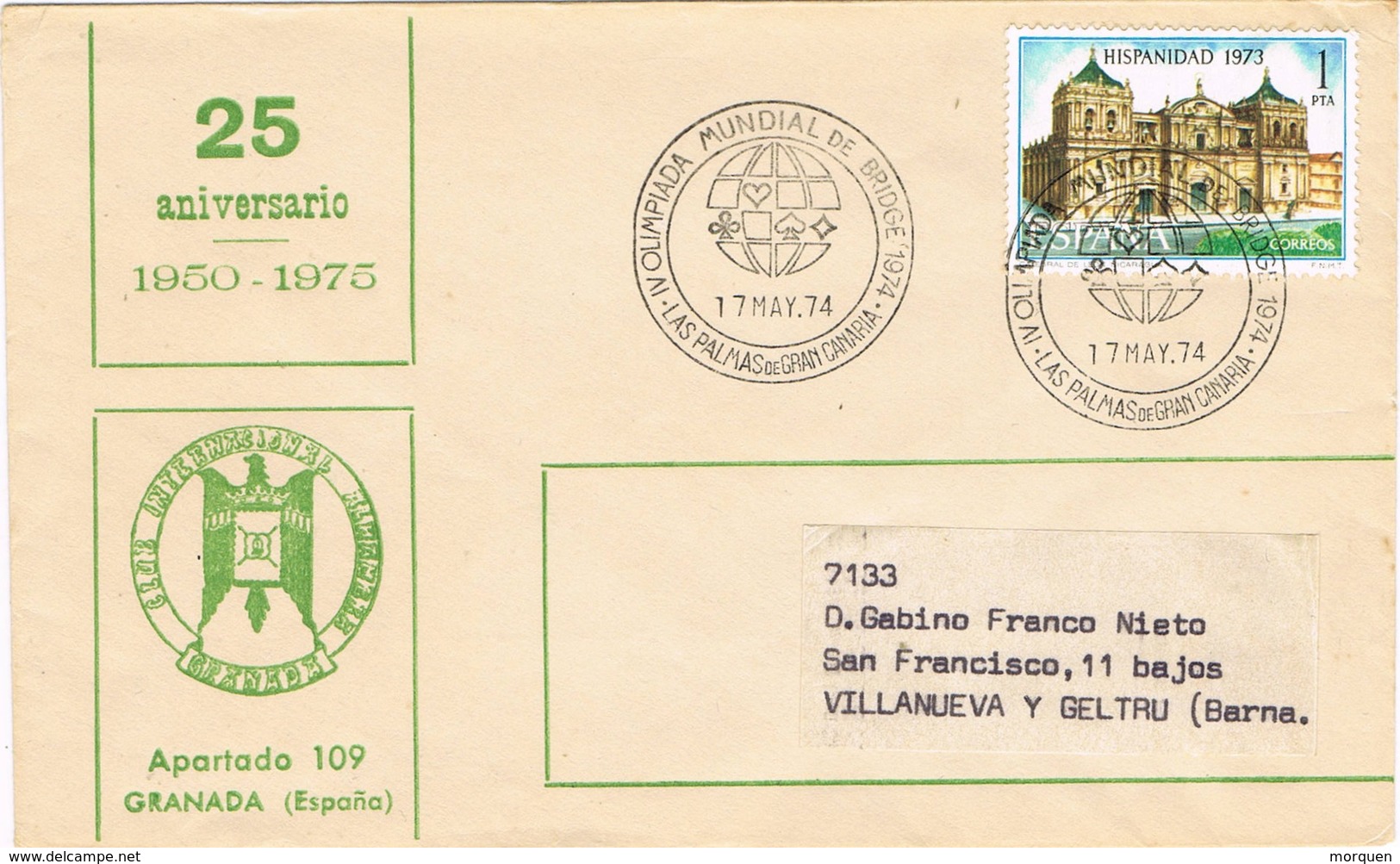 33403. Carta LAS PALMAS Gran Canaria (Canarias) 1974. Olimpiada Mundial BRIDGE, Juegos - Cartas & Documentos