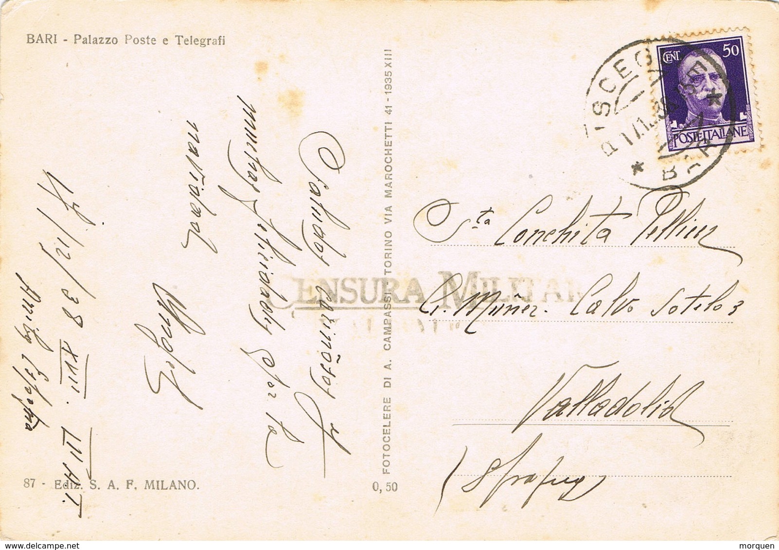 33405. Postal  BISCEGLIE (Bari)  1938. CENSURA Militar VALLADOLID, Guerra Civil - Cartas & Documentos