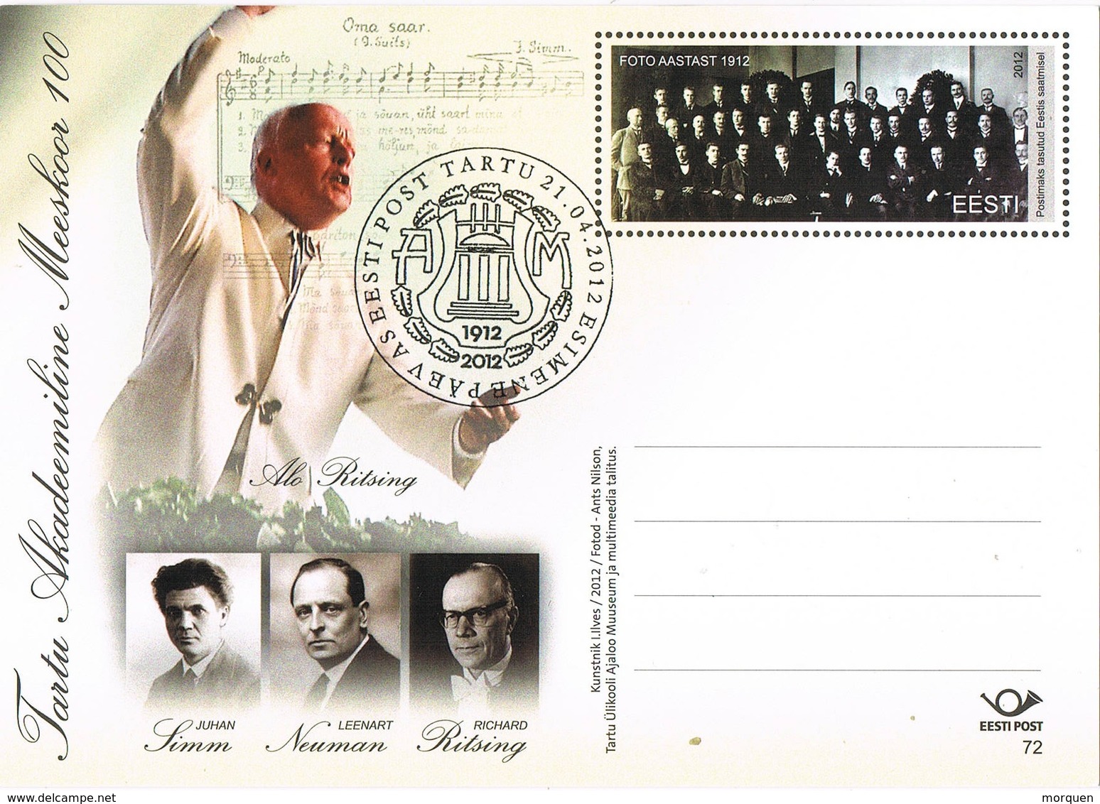 33412. Tarjeta Entero Postal TARTU (Estonia) Eesti 2012. MUSIK, 100 Años Academia Musica - Estonia