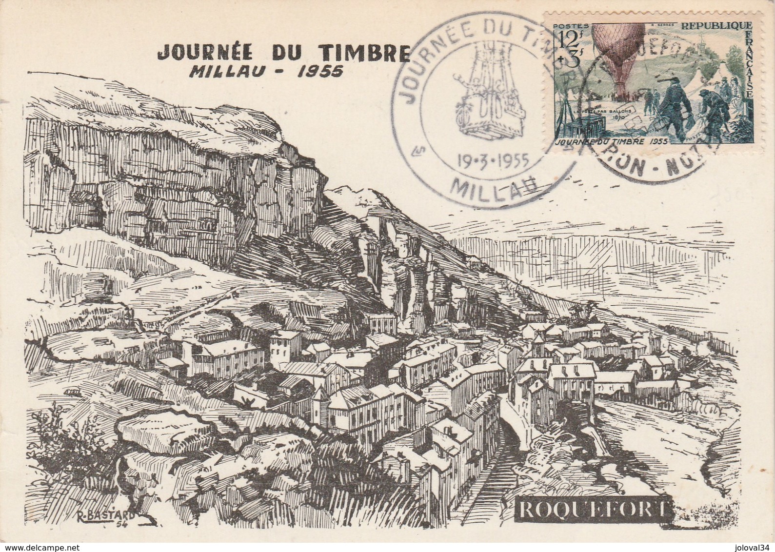 France Carte Maximum  Yvert  1018 Ballon Journée Du Timbre Millau Aveyron 19/3/1955 Illustration Locale De Bastard - 1950-1959