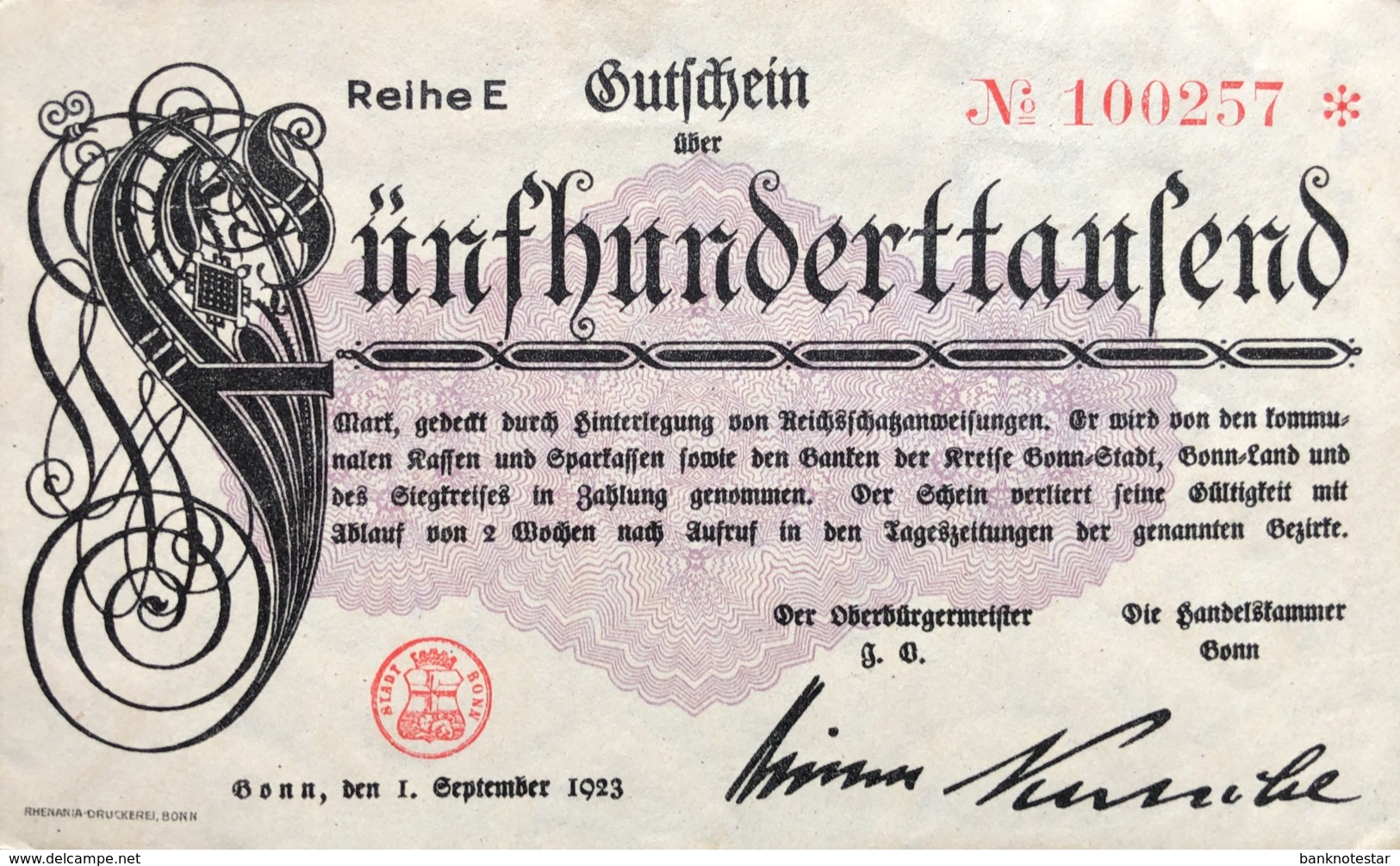 Germany/City Of Bonn 500.000 Mark, (1.9.1923) - EF/XF - [11] Emissioni Locali