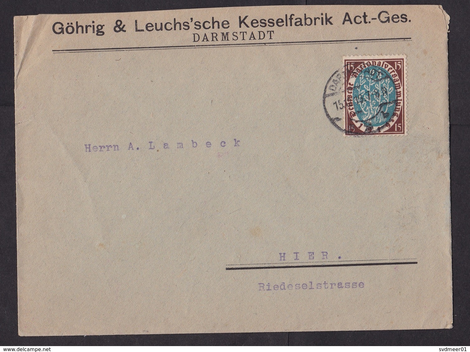 Germany: Cover, 1919, 1 Stamp, Boiler Factory Darmstadt, Industry (minor Damage, See Scan) - Brieven En Documenten