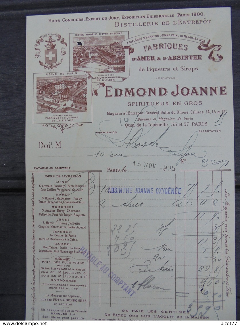 PARIS, ABSINTHE : EDMOND JOANNE - PARIS 1905 - PETITE FACTURETTE - DECO - Sonstige & Ohne Zuordnung