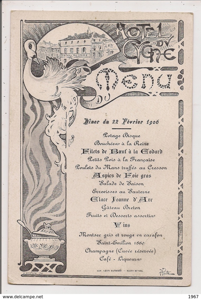 Menu Du 22 Février 1906 -  Hôtel Du Cygne (Imp. Léon Mathieu à  Saint-Mihiel) - Menu