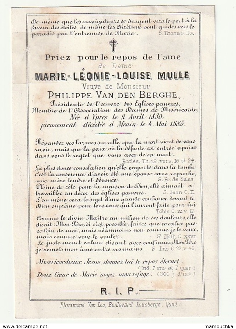 Litho Van Loo Marie-Léonie Louise MULLE Veuve Philippe Van Den Berghe Ypres 1830 - Menin Menen 1885 - Images Religieuses