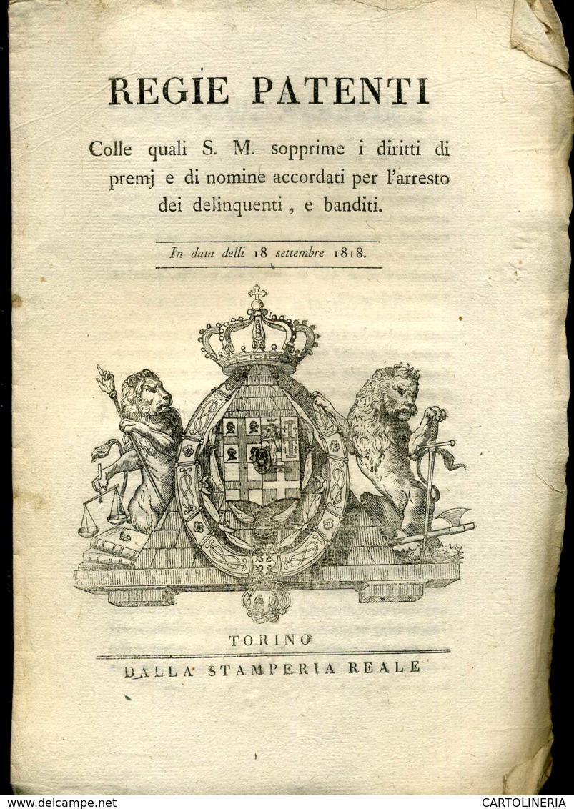 Regno Di Sardegna Decreto 1818 Pagine 8 Taglie Arresto Banditi - Wetten & Decreten