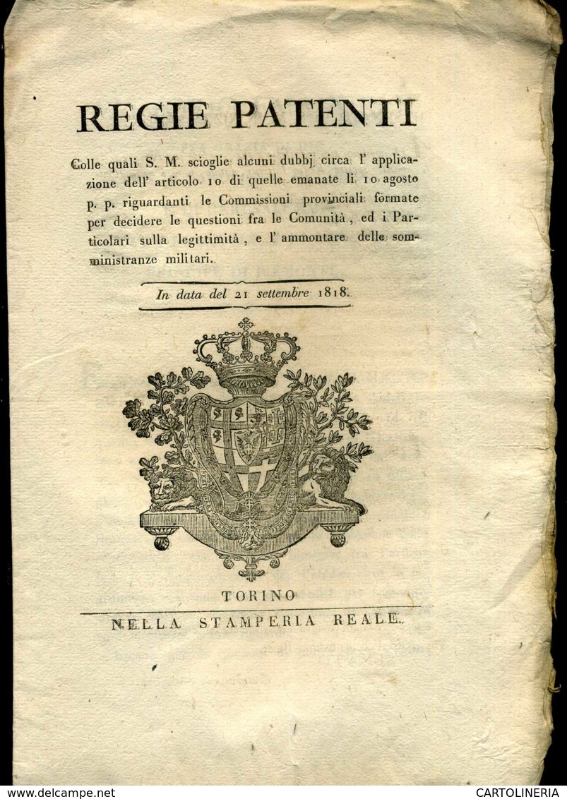 Regno Di Sardegna Decreto 1818 Pagine 8 Somministranze Militari - Decreti & Leggi