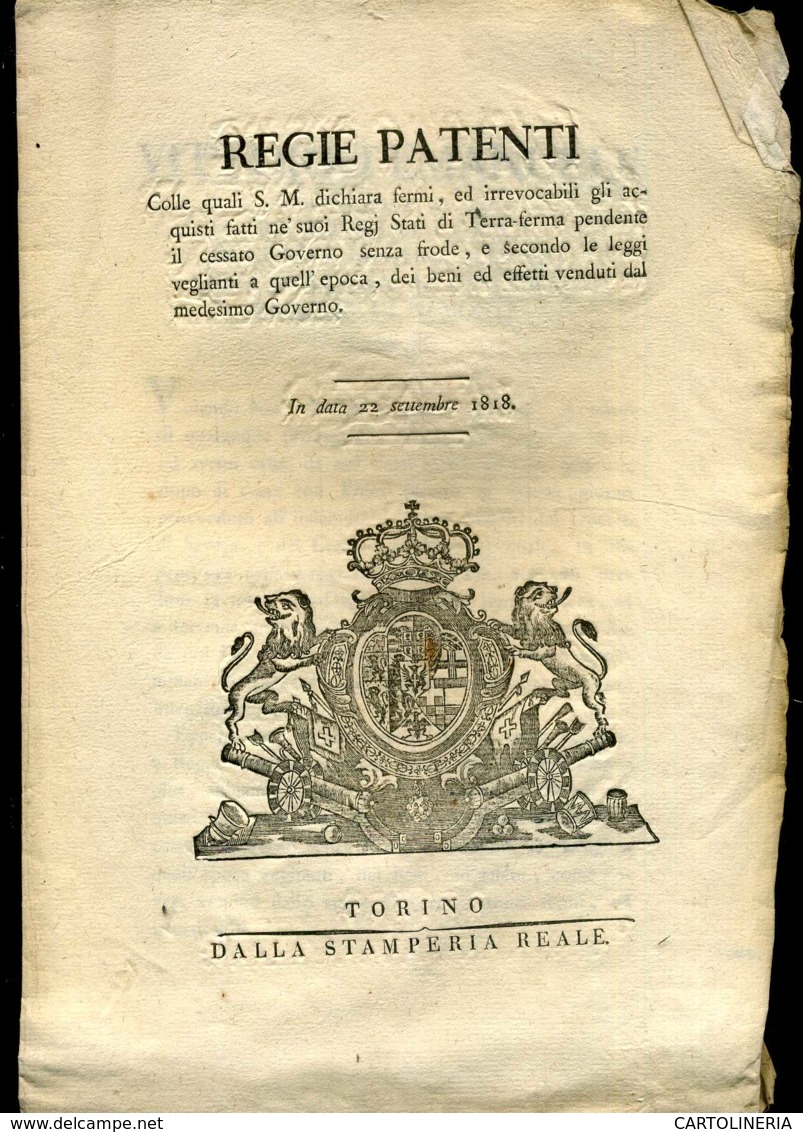 Regno Di Sardegna Decreto 1818 Pagine 85 Validità Acquisti Cessato Governo - Wetten & Decreten