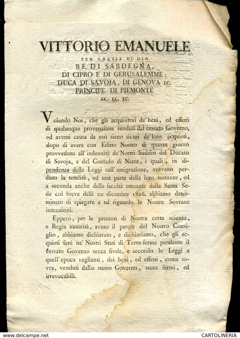 Regno Di Sardegna Decreto 1818 Pagine 85 Validità Acquisti Cessato Governo - Wetten & Decreten