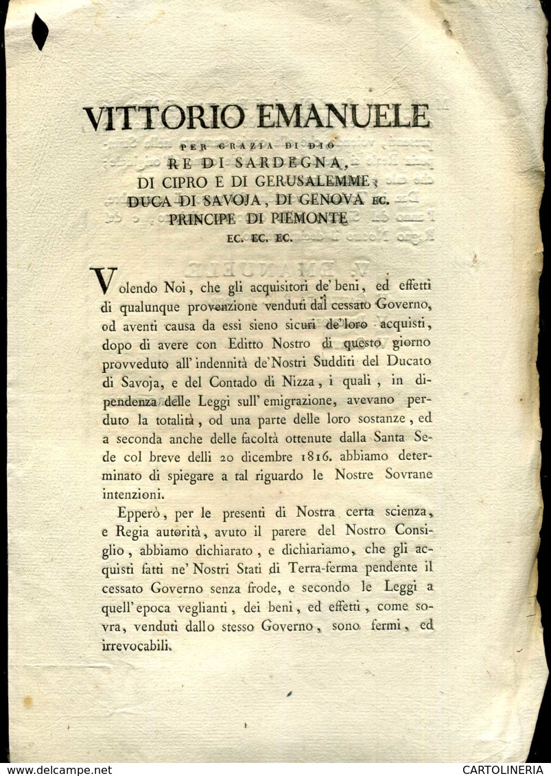 Regno Di Sardegna Decreto 1818 Pagine 5 Validità Acquisti Cessato Governo - Decreti & Leggi