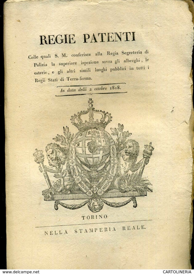 Regno Di Sardegna Decreto 1818 Pagine 8 Ispezioni Di Polizia Alberghi E Osterie - Decreti & Leggi