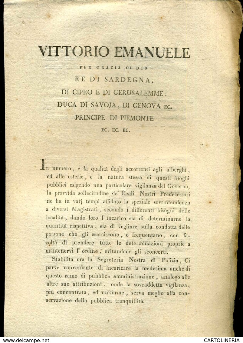 Regno Di Sardegna Decreto 1818 Pagine 8 Ispezioni Di Polizia Alberghi E Osterie - Decretos & Leyes