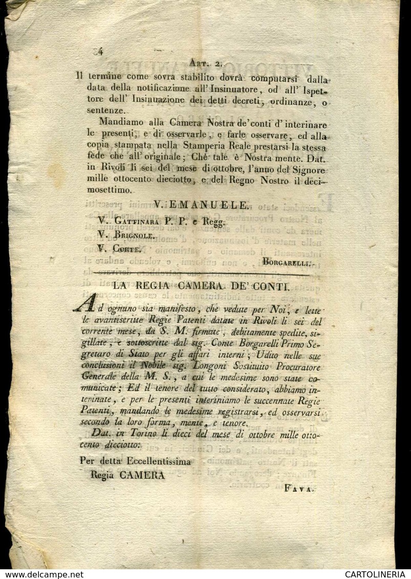 Regno Di Sardegna Decreto 1818 Pagine 4 Finanze - Decreti & Leggi