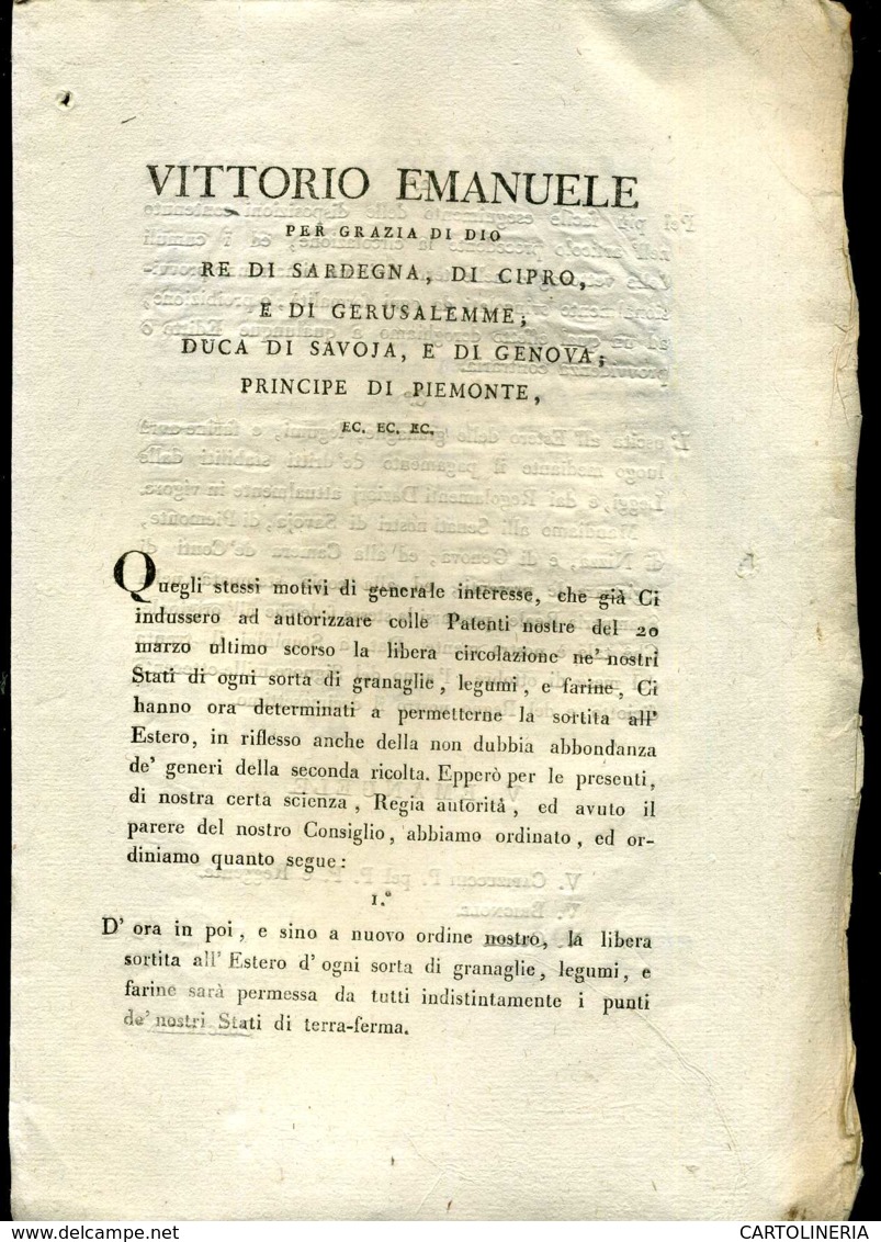 Regno Di Sardegna Decreto 1818 Pagine 5 Esportazione All' Estero Granaglie - Decreti & Leggi