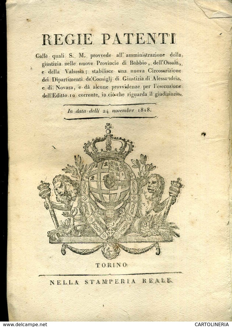 Regno Di Sardegna Decreto 1818 Pagine 12 Bobbio Valsesia Ossola Alessandria Novara - Decreti & Leggi