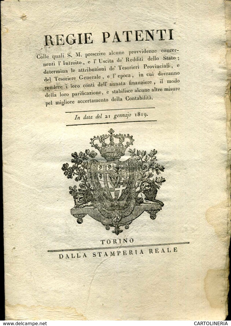 Regno Di Sardegna Decreto 1819 Pagine 16 Redditi Dello Stato - Decreti & Leggi