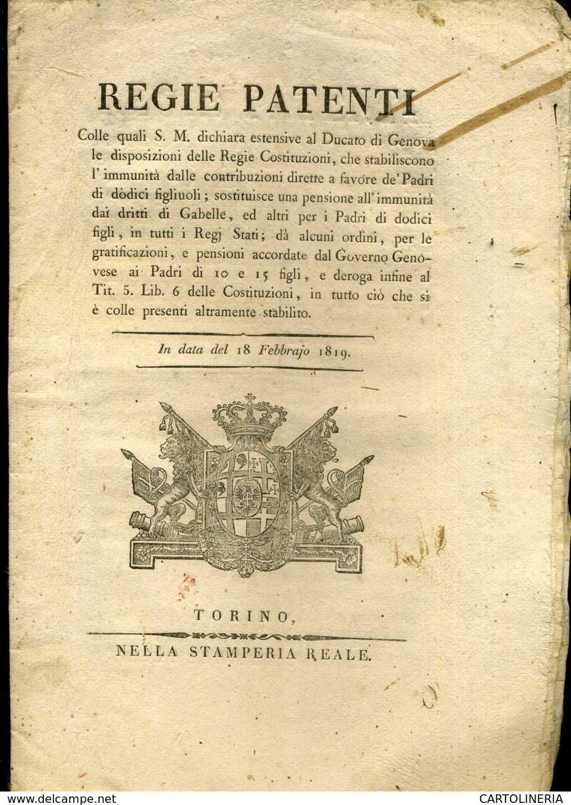 Regno Di Sardegna Decreto 1819 Pagine 12 Immunità Contributiva Padri Di 12 Figli - Decreti & Leggi