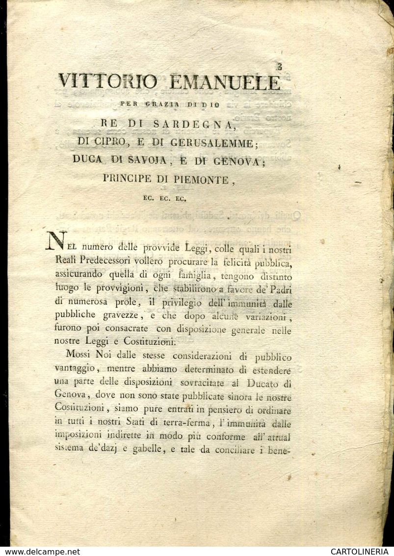 Regno Di Sardegna Decreto 1819 Pagine 12 Immunità Contributiva Padri Di 12 Figli - Decreti & Leggi