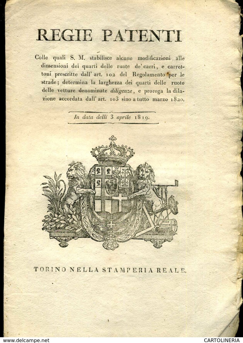 Regno Di Sardegna Decreto 1819 Pagine 08 Regolamento Ruote Dei Carri - Decreti & Leggi
