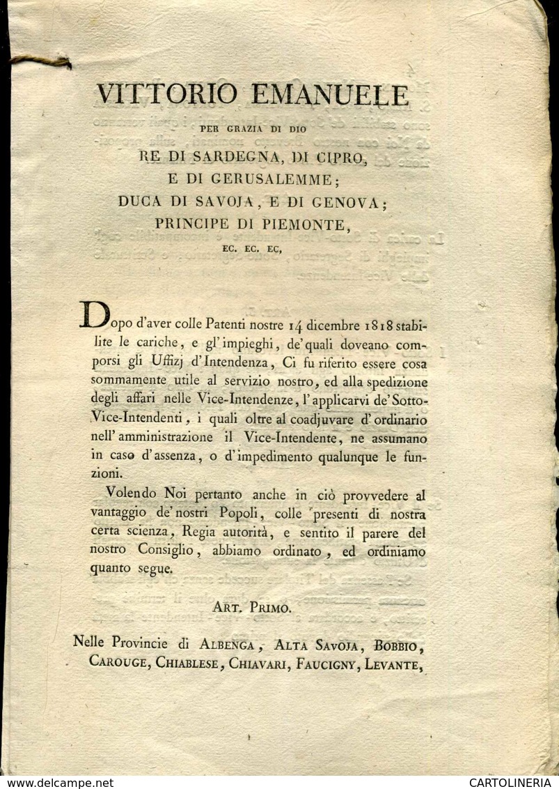 Regno Di Sardegna Decreto 1819 Pagine 05 Albenga Alta Savoia Bobbio Chiavari Ecc.. - Decreti & Leggi