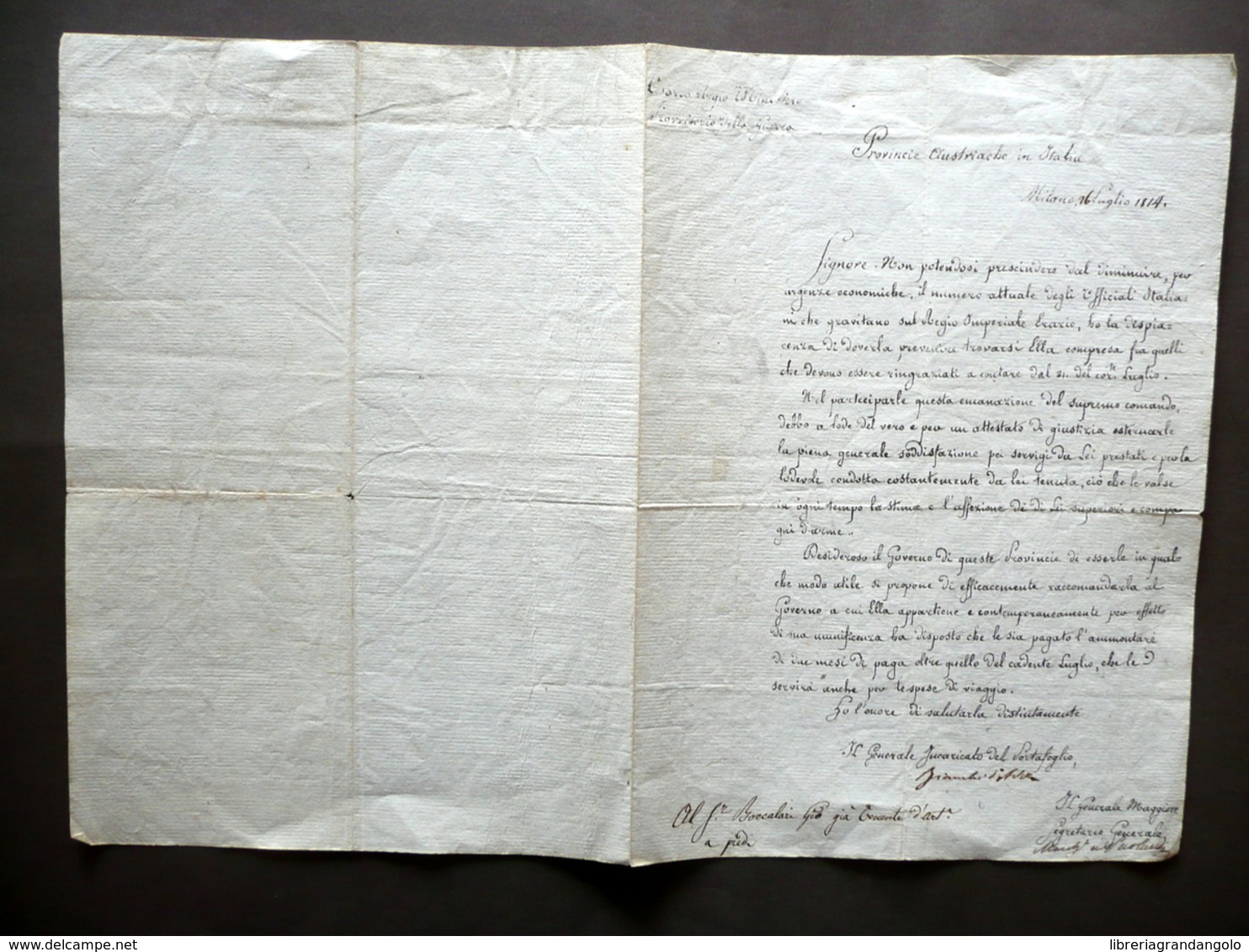 Due Autografi Generale Bianchi D'Adda Marchese Paolucci Lettera Milano 1814 - Altri & Non Classificati