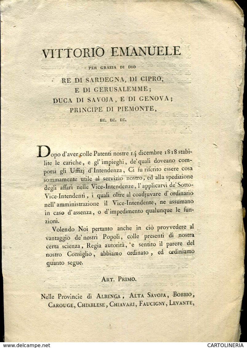 Regno Di Sardegna Decreto 1819 Pagine 05 Albenga Alta Savoia Bobbio Chiavari Ecc.. - Decreti & Leggi