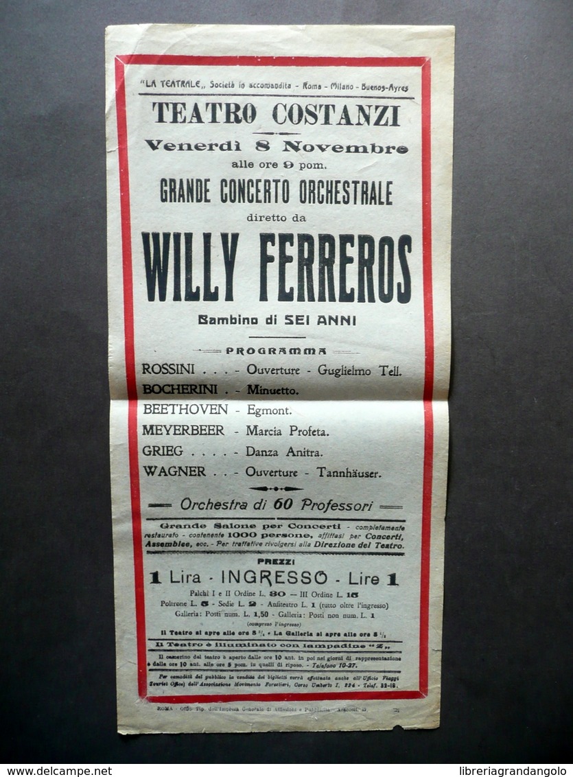 Locandina Teatro Costanzi Concerto Orchestrale Willy Ferreros 6 Anni Primo '900 - Non Classificati