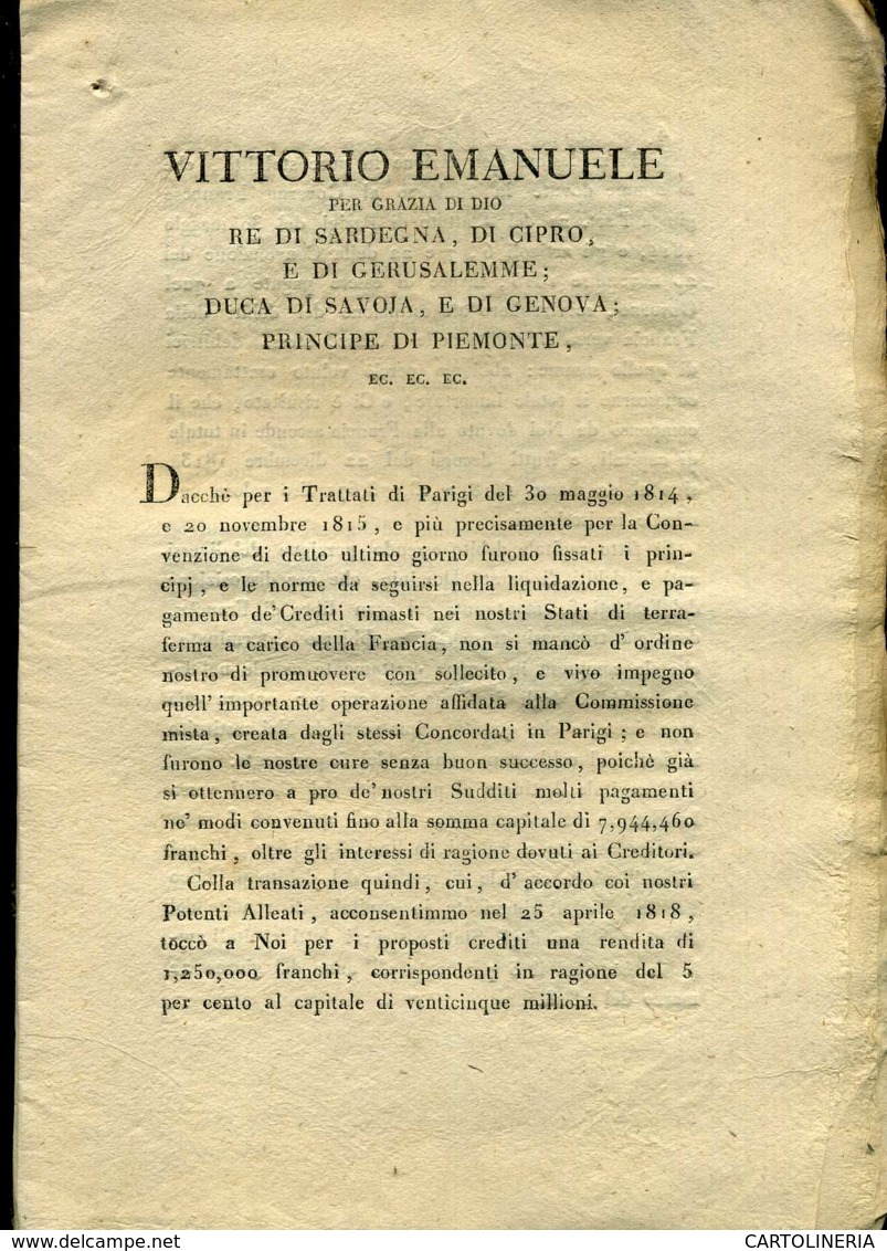 Regno Di Sardegna Decreto 1819 Pagine 16 Pagamento Debito Con La Francia - Decreti & Leggi