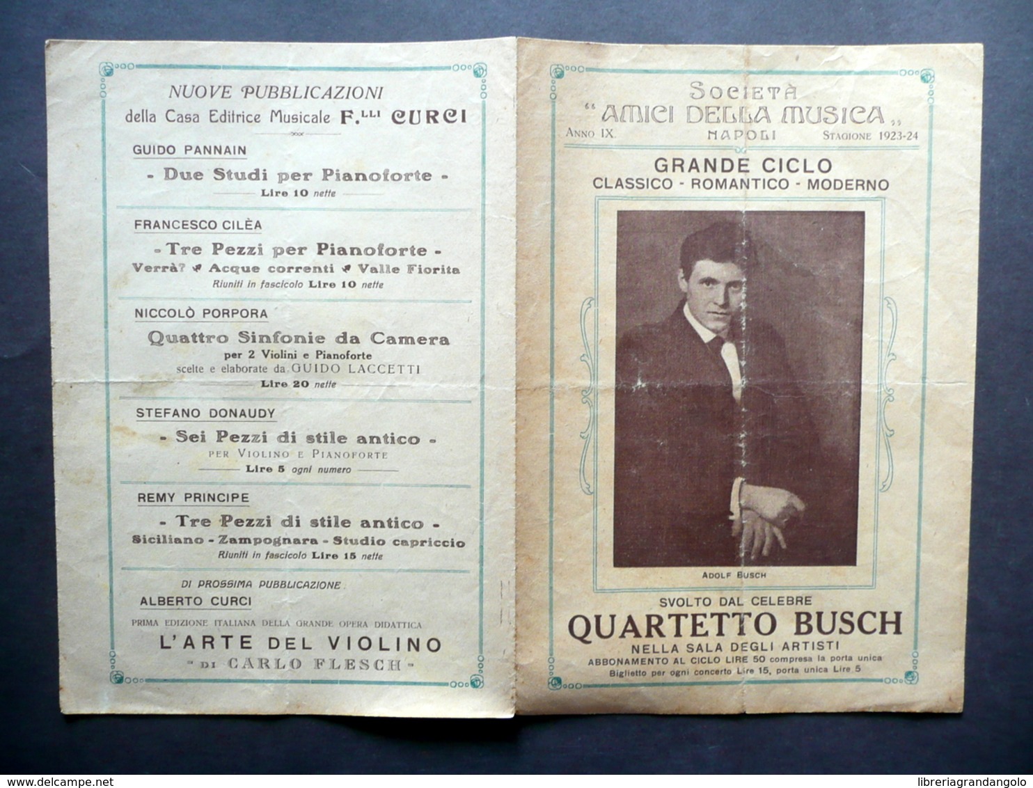 Programma Società Amici Della Musica Napoli Concerto Quartetto Busch 1923-24 - Non Classificati