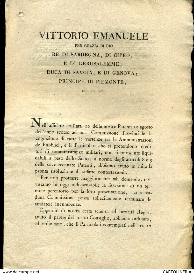 Regno Di Sardegna Decreto 1819 Pagine 8 Creditori Somministrazioni Militari - Decreti & Leggi