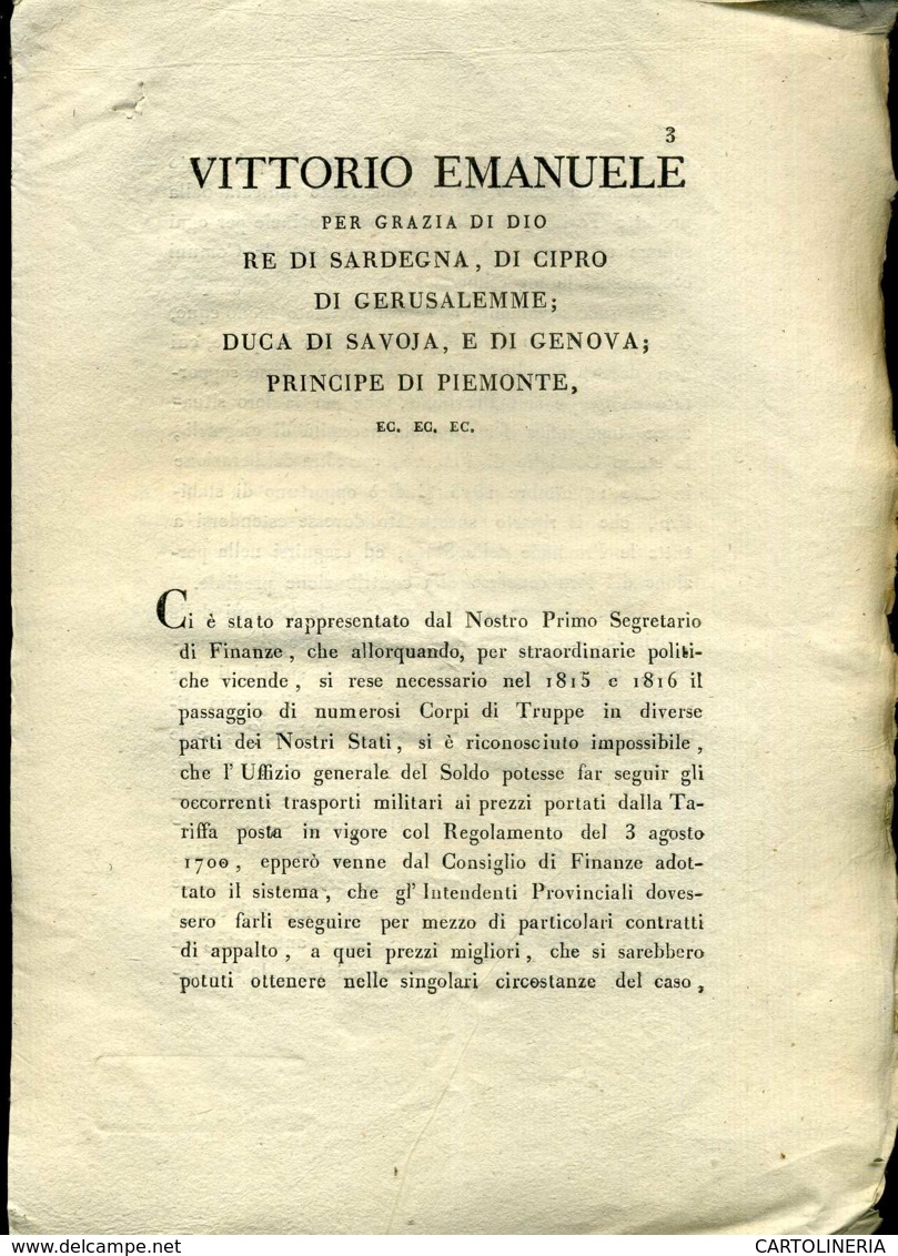 Regno Di Sardegna Decreto 1819 Pagine 8 Prezzo Trasporti Militari - Decreti & Leggi