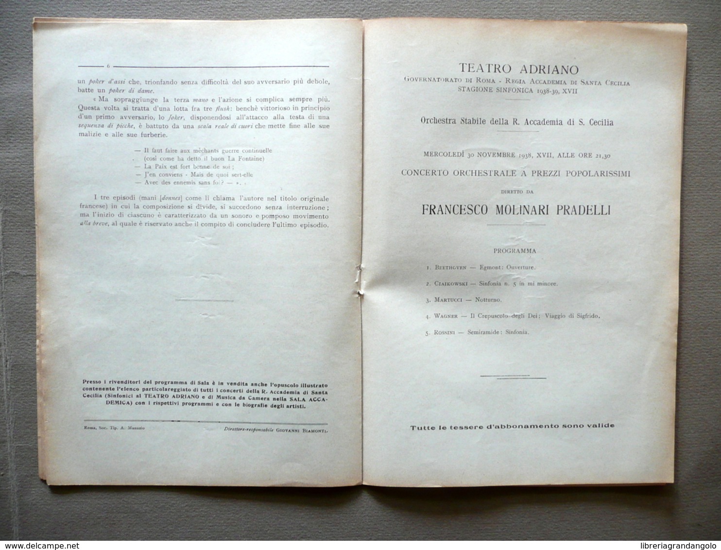 Programma Teatro Adriano Roma Concerto Igor Soulima Strawinsky Pianoforte 1938 - Non Classificati