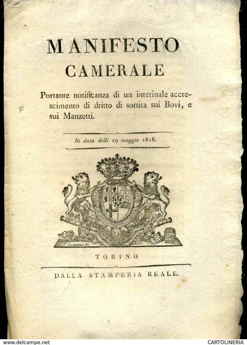 Regno Di Sardegna Decreto 1819 Pagine 4 Diritto Sortita Manzi E Bovini - Decreti & Leggi